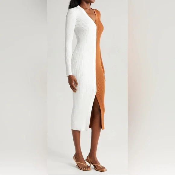 STAUD Two-Tone White and Brown sweaterDress